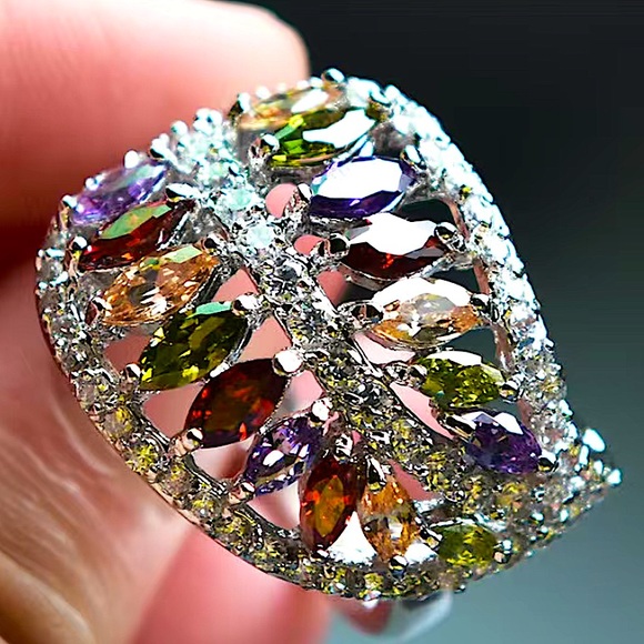 18K Gold Plated Rainbow Ring, Marquis Cut, Zircon, Multicolor - Picture 6 of 7